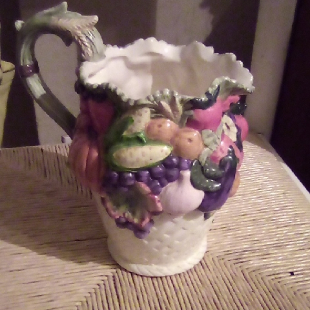 Beautiful Fall Harvest Fruit & Floral Motif Ceramic Art Decoration Vase/Pitcher.
